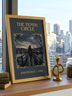 The Tenth Circle Classic Book Art Print by Jodi Picoult – framed print on a city-view windowsill