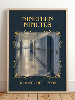 Nineteen Minutes Classic Book Art Print by Jodi Picoult – framed print leaning on a wooden floor