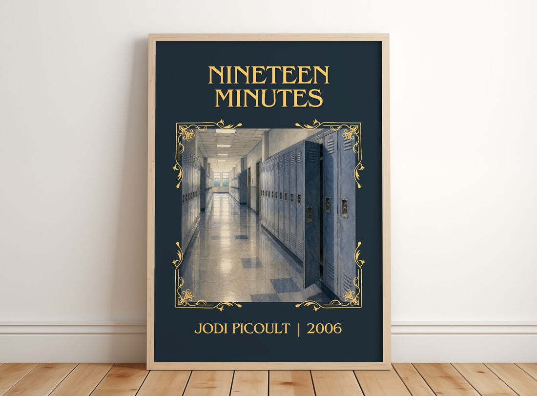 Nineteen Minutes Classic Book Art Print by Jodi Picoult – framed print leaning on a wooden floor