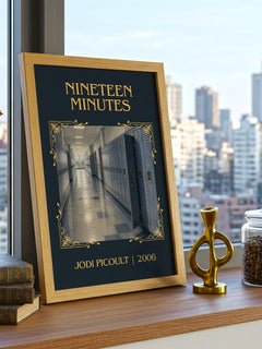 Nineteen Minutes Classic Book Art Print by Jodi Picoult – framed print on a city-view windowsill