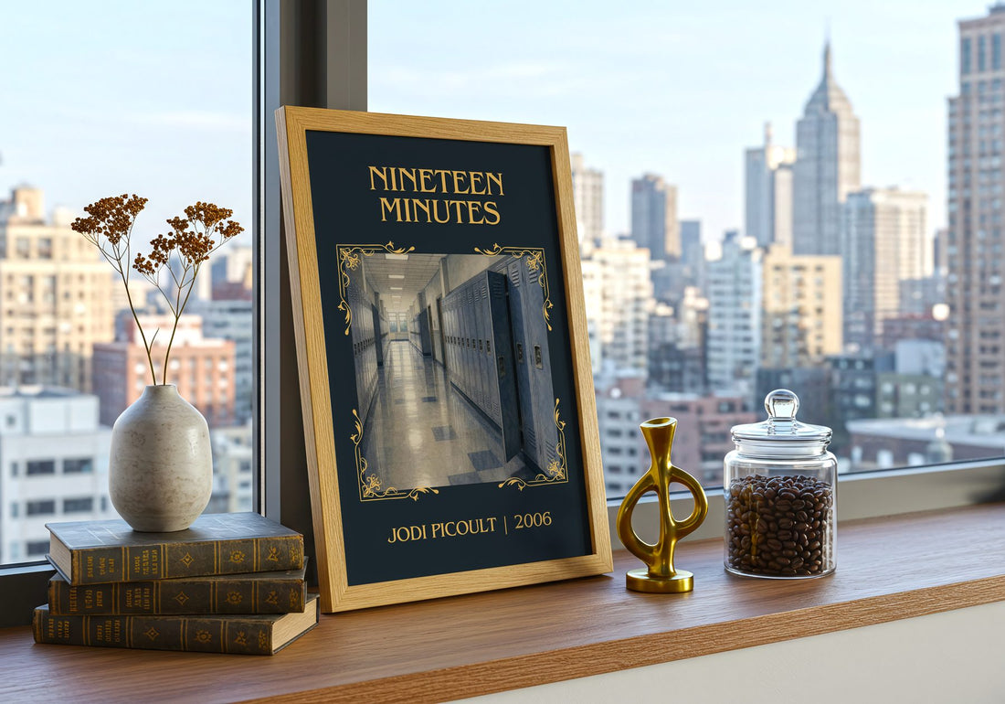 Nineteen Minutes Classic Book Art Print by Jodi Picoult – framed print on a city-view windowsill