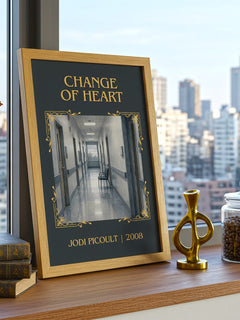 Change of Heart Classic Book Art Print by Jodi Picoult – framed print on a city-view windowsill