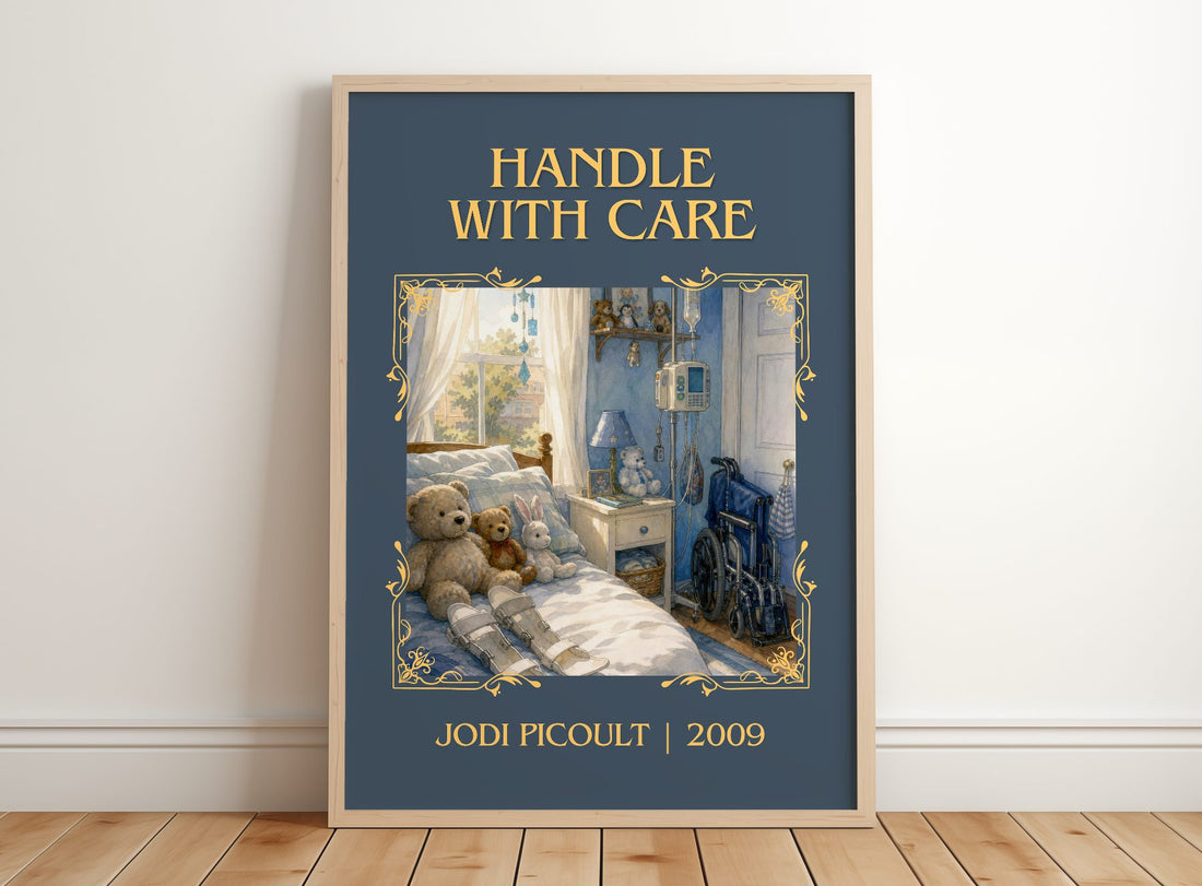 Handle with Care Classic Book Art Print by Jodi Picoult – framed print leaning on a wooden floor
