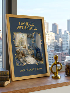 Handle with Care Classic Book Art Print by Jodi Picoult – framed print on a city-view windowsill