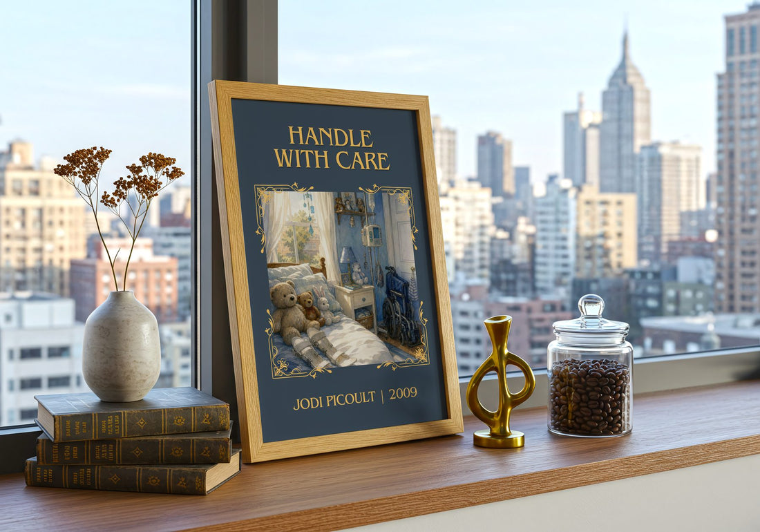 Handle with Care Classic Book Art Print by Jodi Picoult – framed print on a city-view windowsill