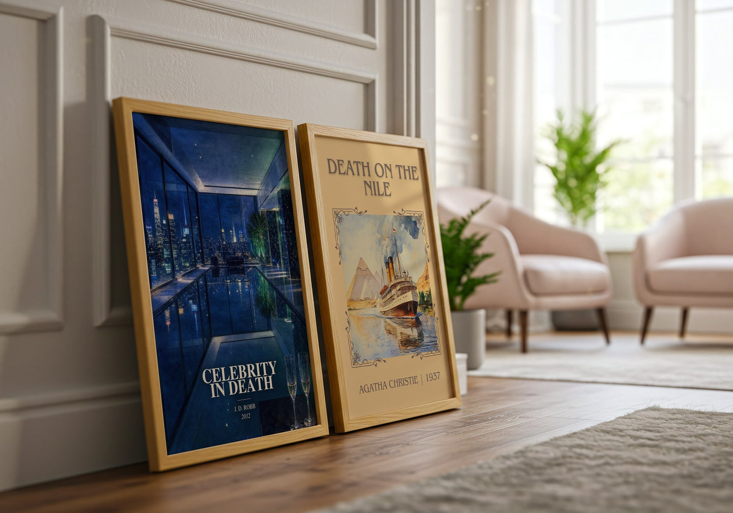 Celebrity In Death watercolour print framed by window – literary home decor