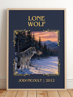 Lone Wolf Classic Book Art Print by Jodi Picoult – framed print leaning on a wooden floor