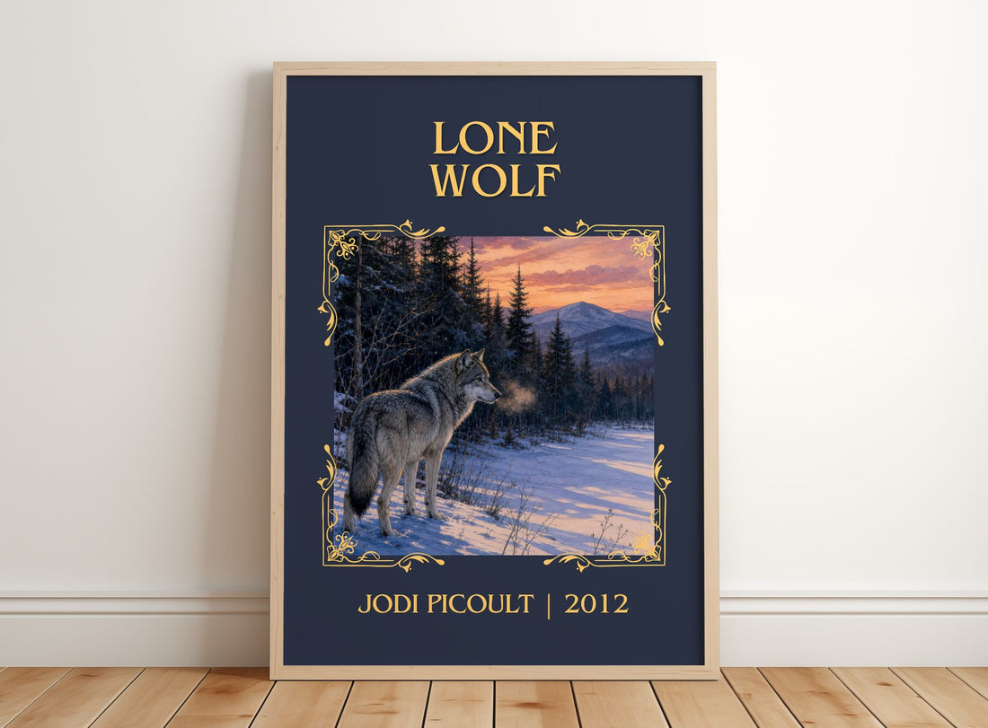 Lone Wolf Classic Book Art Print by Jodi Picoult – framed print leaning on a wooden floor