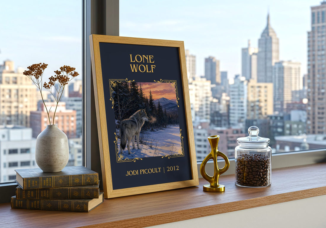 Lone Wolf Classic Book Art Print by Jodi Picoult – framed print on a city-view windowsill