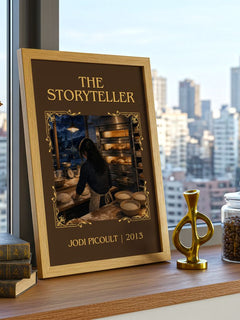 The Storyteller Classic Book Art Print by Jodi Picoult – framed print on a city-view windowsill