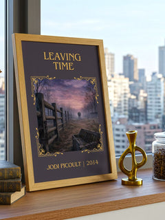 Leaving Time Classic Book Art Print by Jodi Picoult – framed print on a city-view windowsill