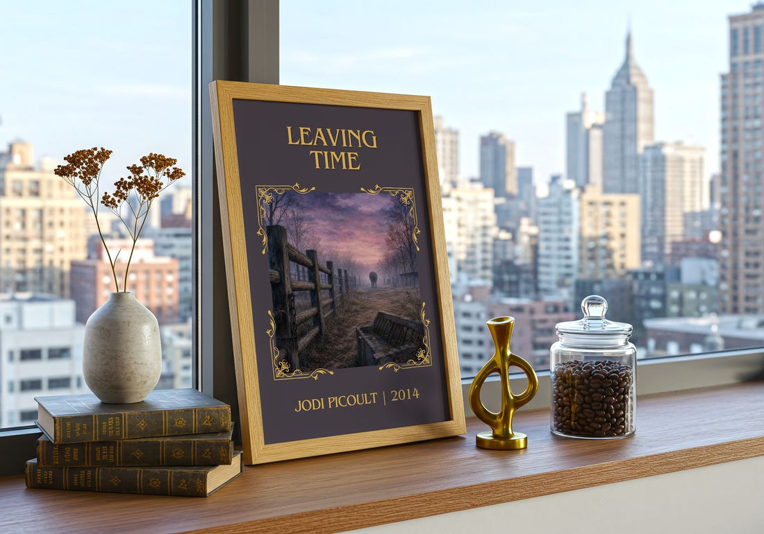 Leaving Time Classic Book Art Print by Jodi Picoult – framed print on a city-view windowsill