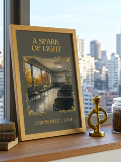 A Spark of Light Classic Book Art Print by Jodi Picoult – framed print on a city-view windowsill