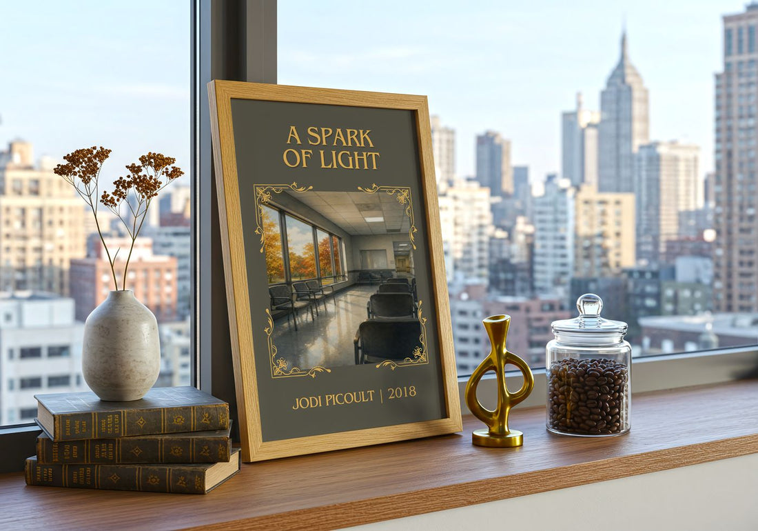 A Spark of Light Classic Book Art Print by Jodi Picoult – framed print on a city-view windowsill