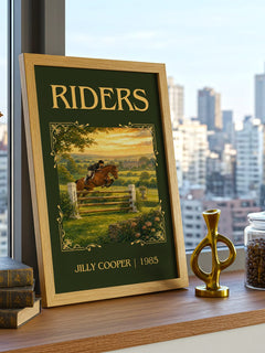 Riders Classic Book Art Print by Jilly Cooper – framed print on a city-view windowsill