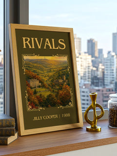 Rivals Classic Book Art Print by Jilly Cooper – framed print on a city-view windowsill