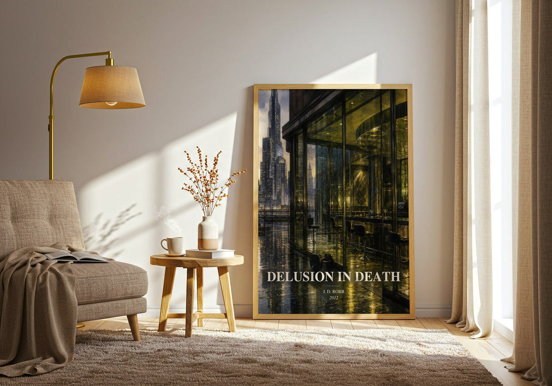 Delusion In Death watercolour print in frame leaning in hallway – mystery wall art (mockup)