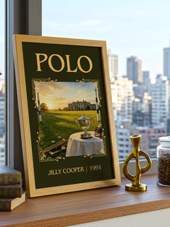 Polo Classic Book Art Print by Jilly Cooper – framed print on a city-view windowsill