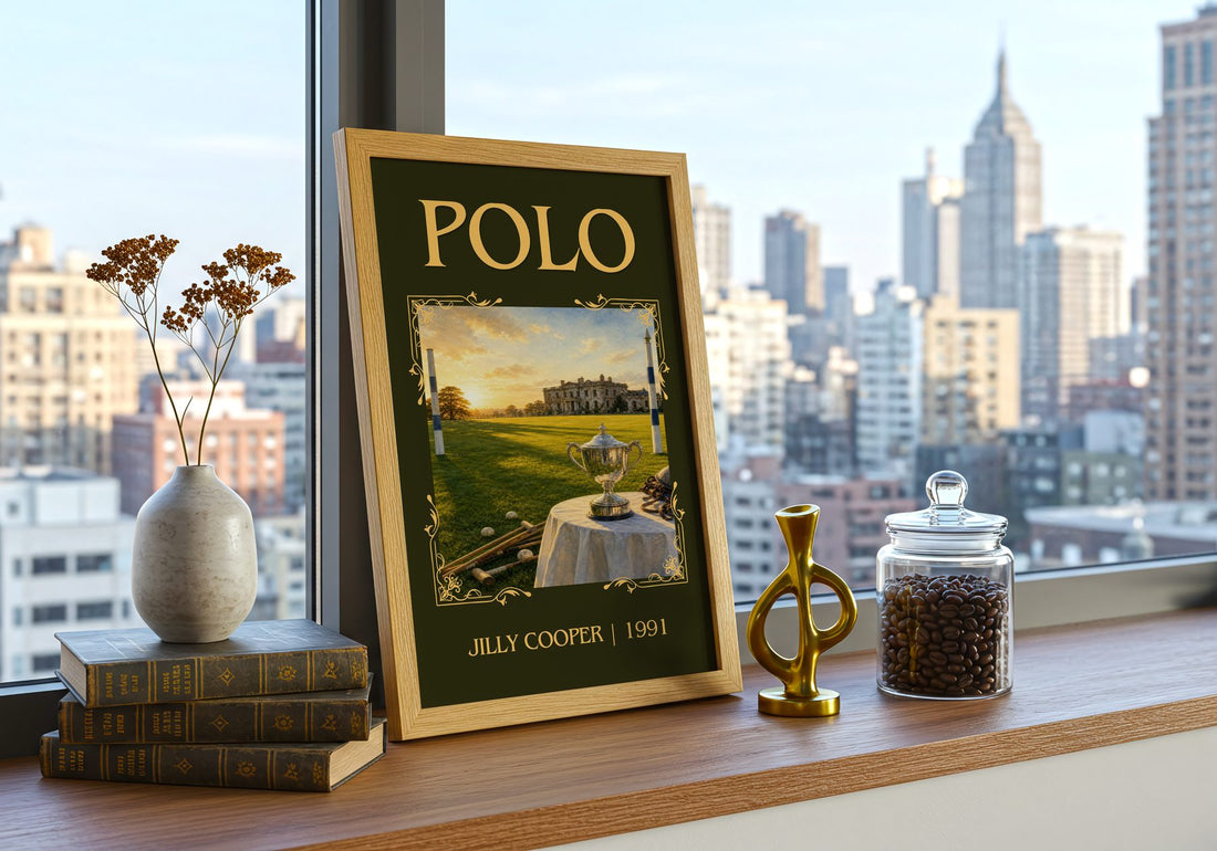 Polo Classic Book Art Print by Jilly Cooper – framed print on a city-view windowsill