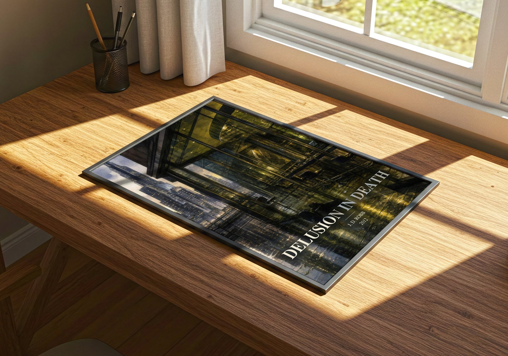 Delusion In Death watercolour book poster framed on wall – mystery wall art