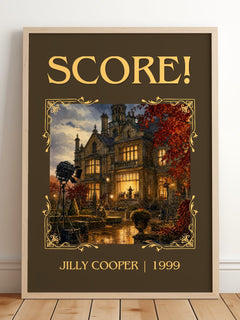 Score! Classic Book Art Print by Jilly Cooper – framed print leaning on a wooden floor