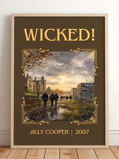 Wicked! Classic Book Art Print by Jilly Cooper – framed print leaning on a wooden floor