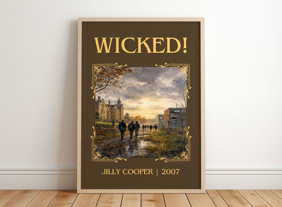 Wicked! Classic Book Art Print by Jilly Cooper – framed print leaning on a wooden floor