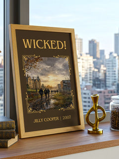 Wicked! Classic Book Art Print by Jilly Cooper – framed print on a city-view windowsill