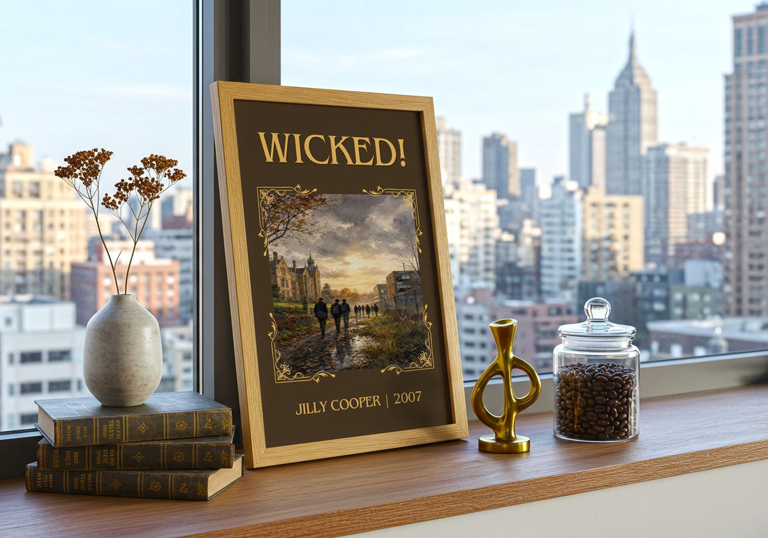 Wicked! Classic Book Art Print by Jilly Cooper – framed print on a city-view windowsill