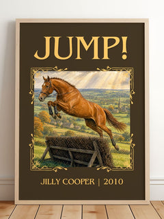 Jump! Classic Book Art Print by Jilly Cooper – framed print leaning on a wooden floor