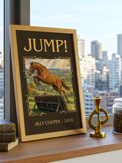 Jump! Classic Book Art Print by Jilly Cooper – framed print on a city-view windowsill