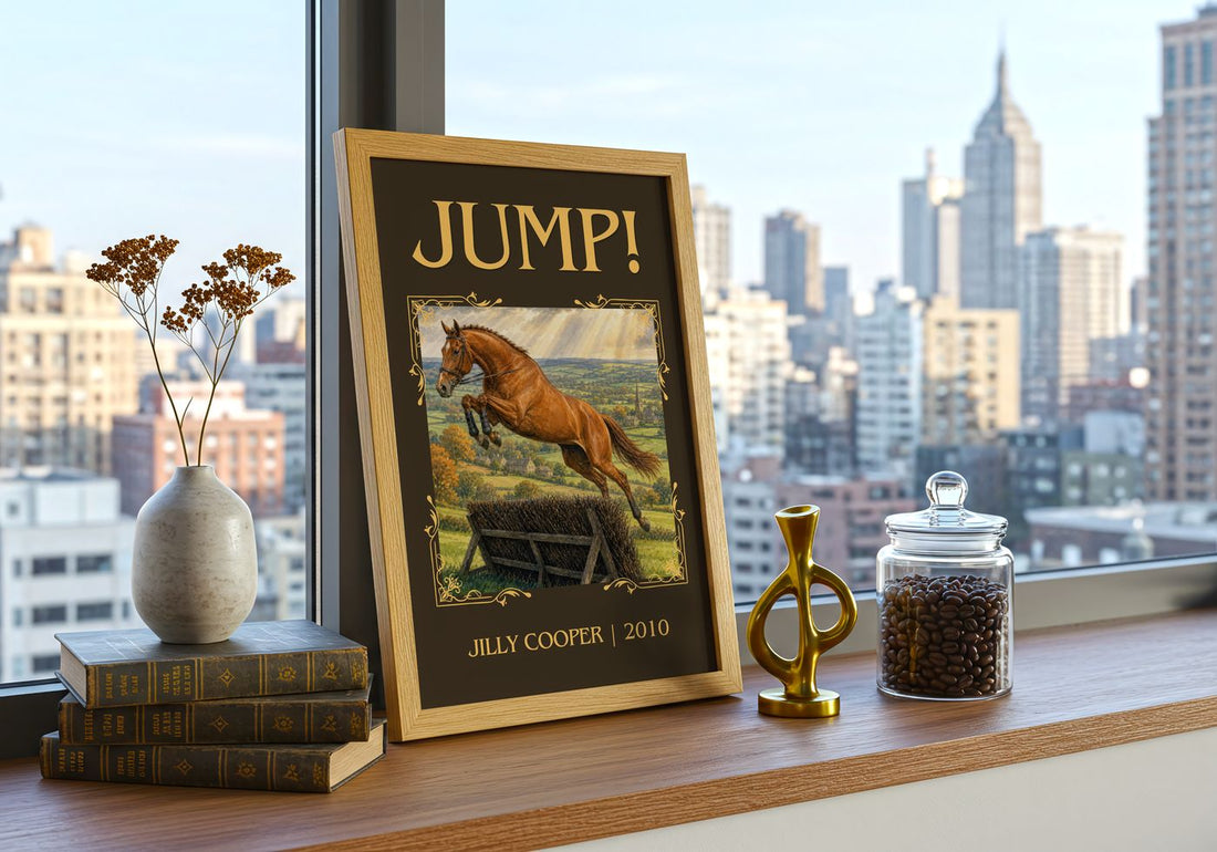 Jump! Classic Book Art Print by Jilly Cooper – framed print on a city-view windowsill