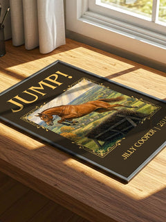 Jump! Classic Book Art Print by Jilly Cooper – print on a sunlit desk