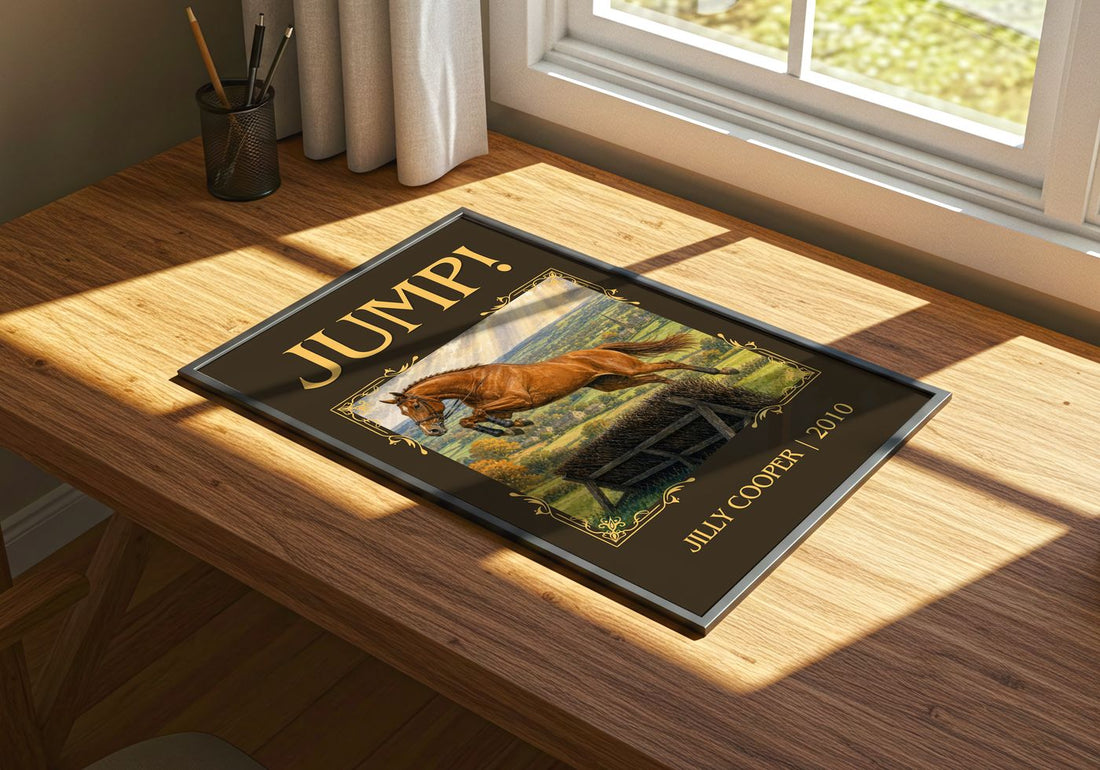 Jump! Classic Book Art Print by Jilly Cooper – print on a sunlit desk
