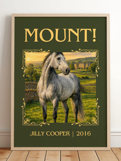 Mount! Classic Book Art Print by Jilly Cooper – framed print leaning on a wooden floor