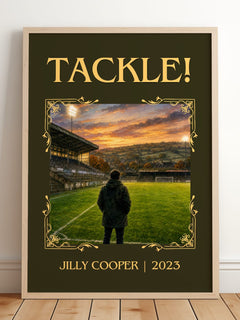 Tackle! Classic Book Art Print by Jilly Cooper – framed print leaning on a wooden floor