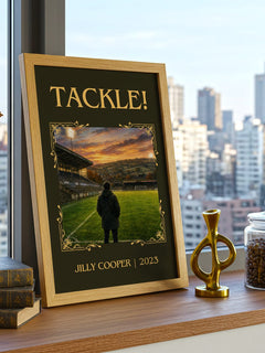 Tackle! Classic Book Art Print by Jilly Cooper – framed print on a city-view windowsill