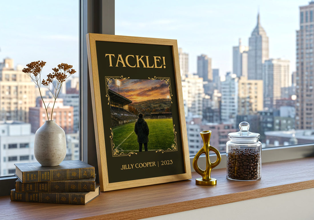 Tackle! Classic Book Art Print by Jilly Cooper – framed print on a city-view windowsill
