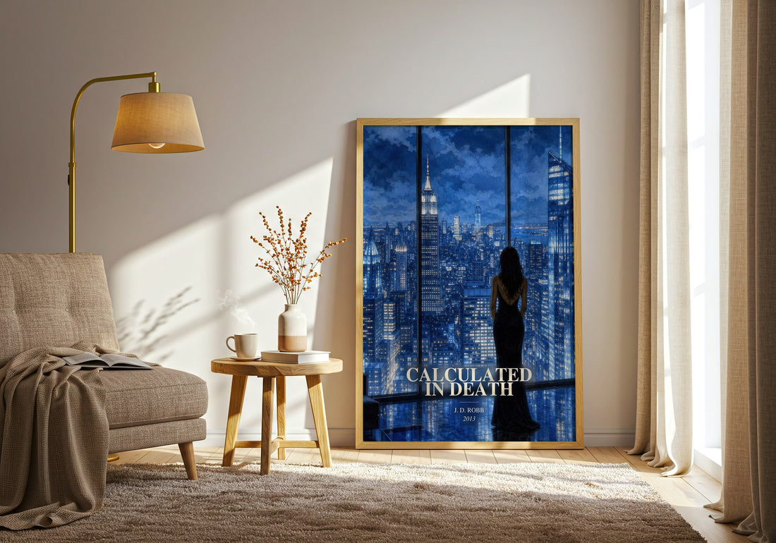 Calculated In Death watercolour print in frame leaning in hallway – mystery wall art (mockup)