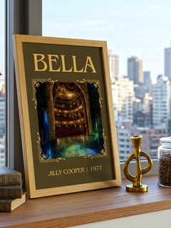 Bella Classic Book Art Print by Jilly Cooper – framed print on a city-view windowsill