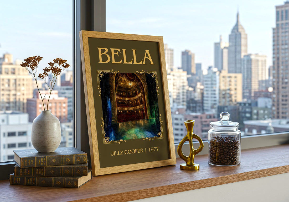 Bella Classic Book Art Print by Jilly Cooper – framed print on a city-view windowsill
