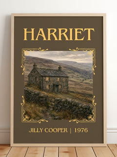 Harriet Classic Book Art Print by Jilly Cooper – framed print leaning on a wooden floor