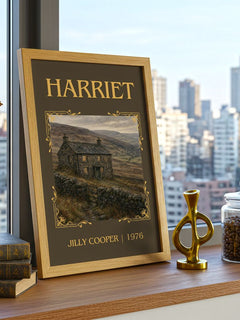 Harriet Classic Book Art Print by Jilly Cooper – framed print on a city-view windowsill
