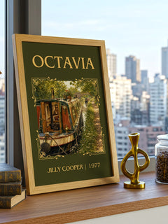 Octavia Classic Book Art Print by Jilly Cooper – framed print on a city-view windowsill