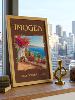 Imogen Classic Book Art Print by Jilly Cooper – framed print on a city-view windowsill