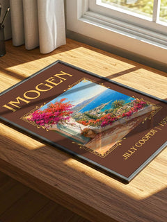 Imogen Classic Book Art Print by Jilly Cooper – print on a sunlit desk