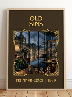 Old Sins Classic Book Art Print by Penny Vincenzi – framed print leaning on a wooden floor