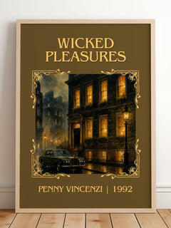 Wicked Pleasures Classic Book Art Print by Penny Vincenzi – framed print leaning on a wooden floor