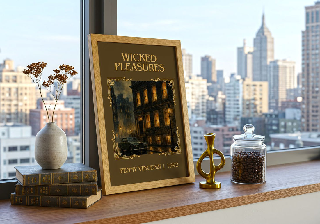 Wicked Pleasures Classic Book Art Print by Penny Vincenzi – framed print on a city-view windowsill