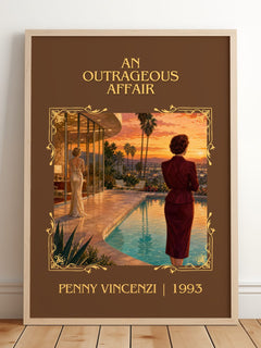 An Outrageous Affair Classic Book Art Print by Penny Vincenzi – framed print leaning on a wooden floor